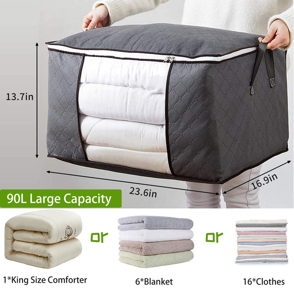 Lotfancy 3 Pack Clothes Storage Bags, Foldable 90L Closet Organizer, Non-Woven Cloth, Size: 23.6, Gray