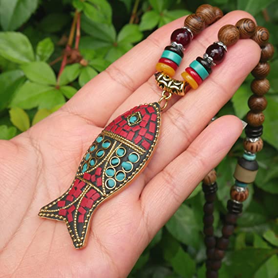 Boho Beaded Necklaces for Women Long Pendant Stone Wood Beads