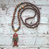 Boho Beaded Necklaces for Women Long Pendant Stone Wood Beads Handmade Wooden Necklace for Women Boho Jewelry