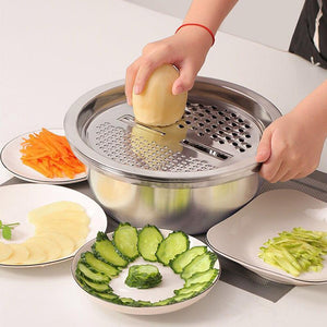 A Set of 3 Pieces Stainless Steel Multi-functional Slicing Plate Chopper Rice Washing Screen Kitchen Supplies 45DC24