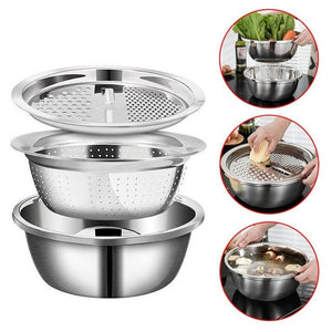A Set of 3 Pieces Stainless Steel Multi-functional Slicing Plate Chopper Rice Washing Screen Kitchen Supplies 45DC24